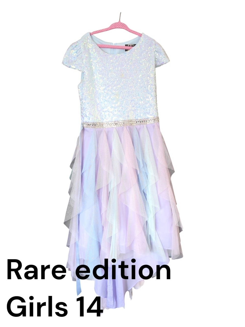 Girls Sz 14 Iridescent Sequin & Pastel Tulle Dress Hi Lo Hem